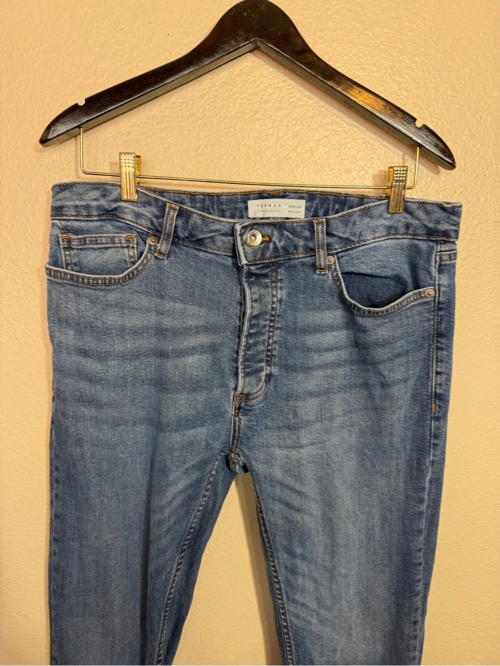 Topman Men's Stretch Skinny Jeans Medium Blue Wash Raw Hem Size 36x32